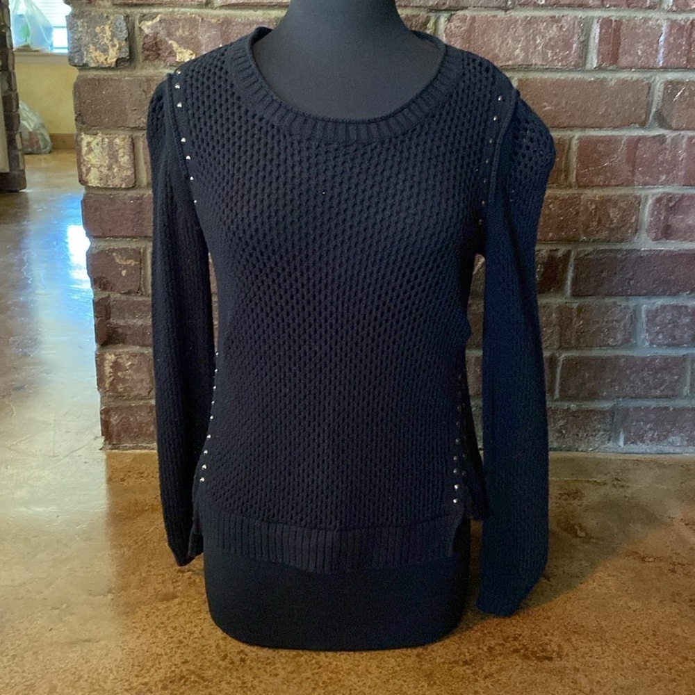 Rock & Republic black open knit studded crew neck‎ sweater - Picture 2 of 7